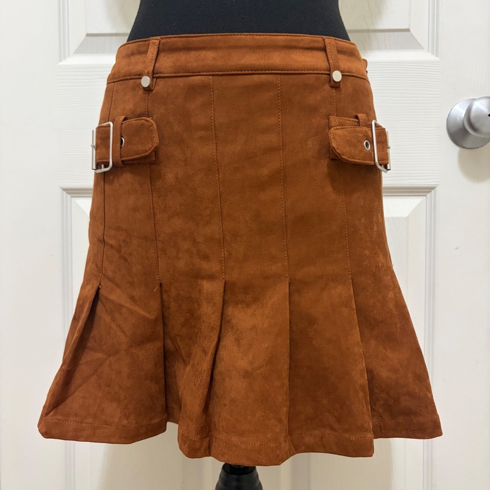 NEW Jacquie the Label Mini Skirt Faux Suede Brown Pleated Buckle Western Cowgirl